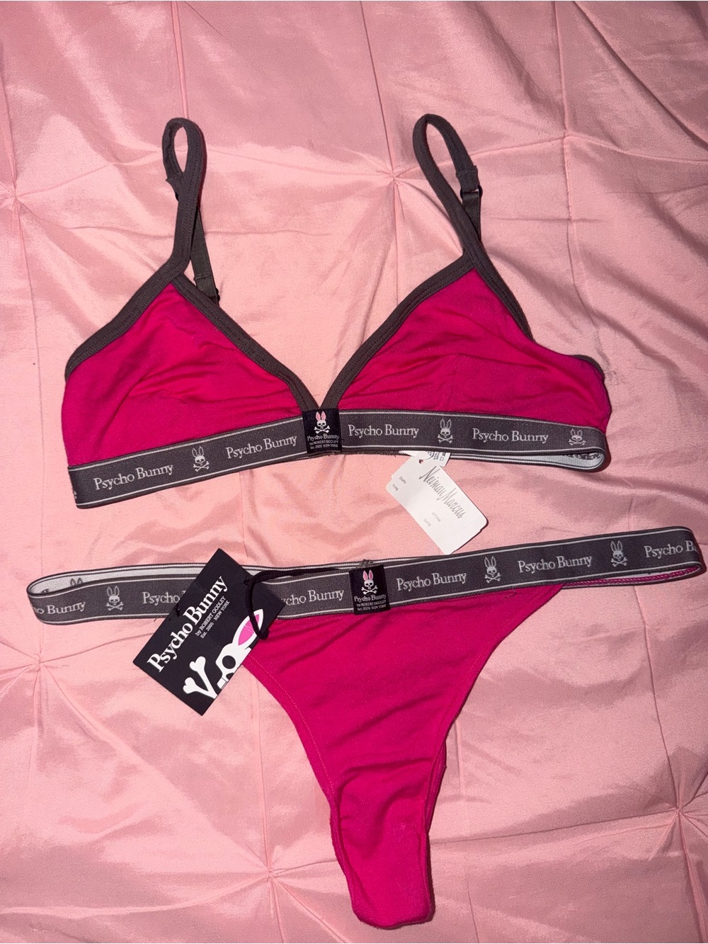 Psycho Bunny Hot Pink Bralette and Thong Set with Gray Trim
